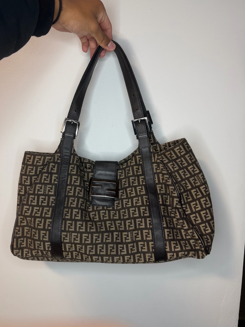 Fendi Brown Monogram Canvas Shoulder Bag with Black Leather Trim